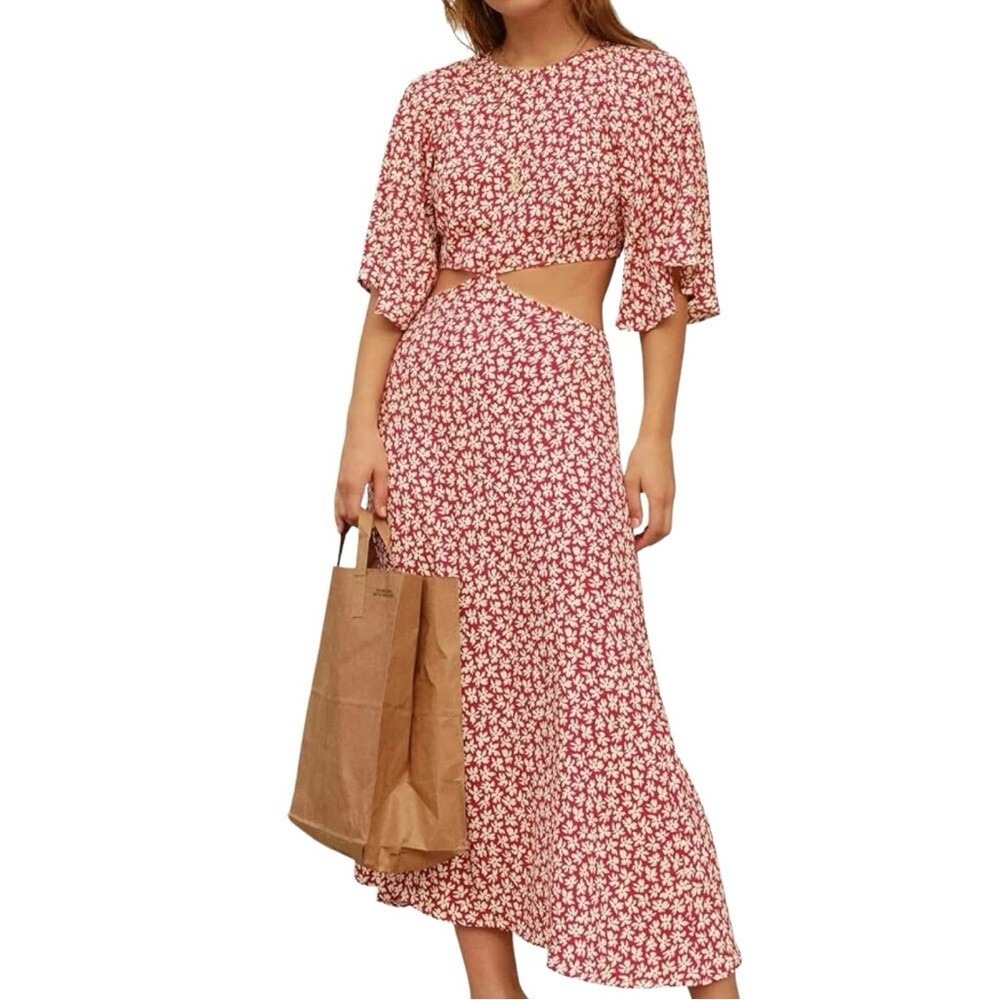 Joteisy Cutout Dress Womens XL Red‎ Floral Flutter Sleeve Boho Cottagecore New